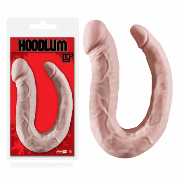 Dildo realistico doppio anale vaginale flessibile forma U-shaped dong 41cm rosa carne